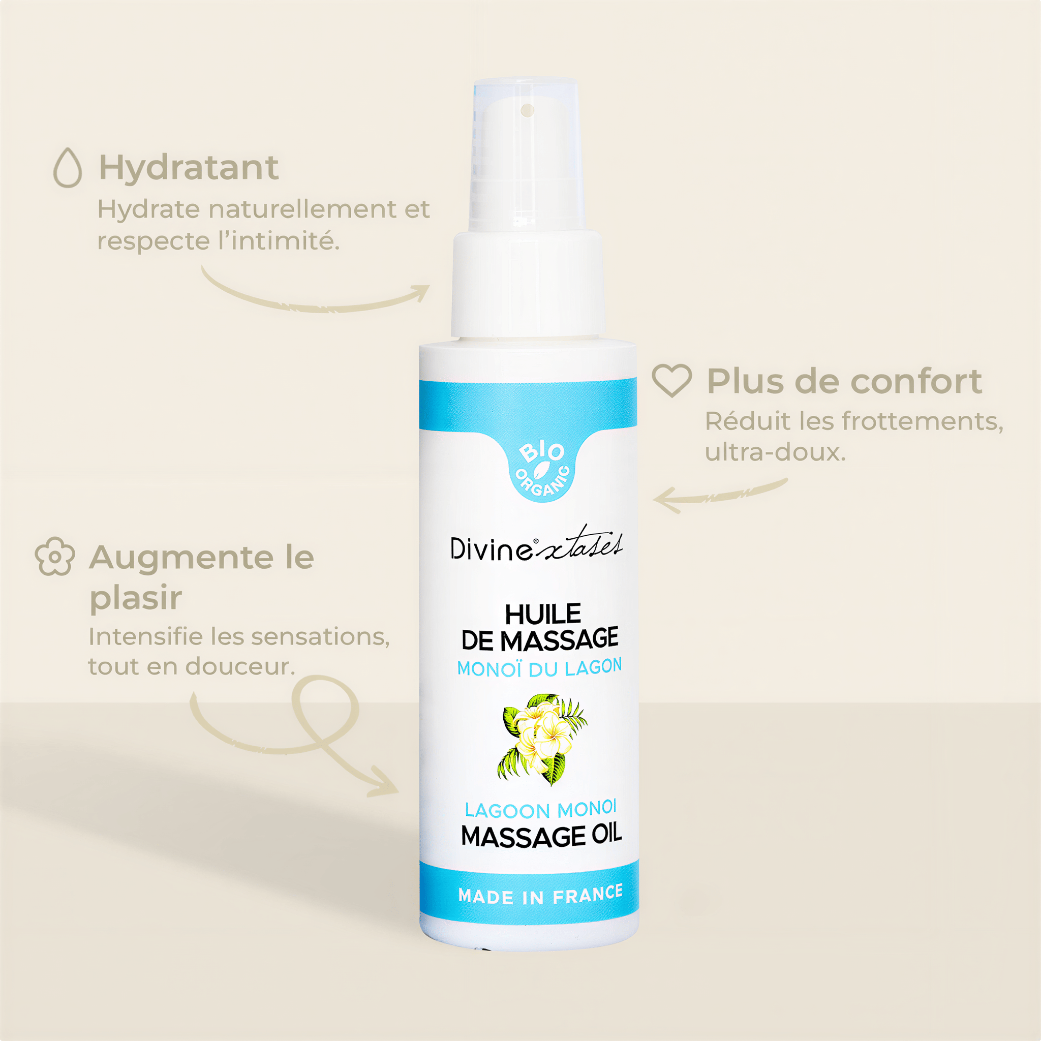 Huile de massage bio Monoï du Lagon 100ml par Divinextases
