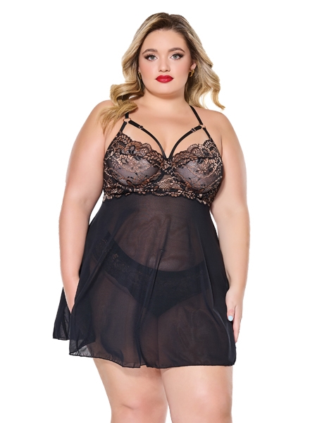 Ensemble nuisette babydoll et string noir et or par Coquette